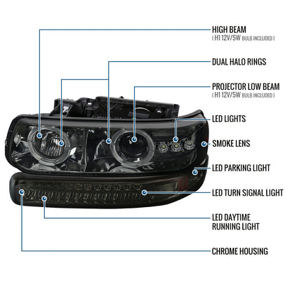 Ronnin - Fits 1999-2002 Silverado 2000-2006 Suburban Tahoe LED Dual Halo Rims Running Lights Projector Headlights + Full LED Bumper Lamps Assembly Pair | Smoke