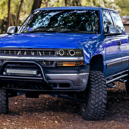 Ronnin - Fits 1999-2002 Silverado 2000-2006 Suburban Tahoe LED Dual Halo Rims Running Lights Projector Headlights + Full LED Bumper Lamps Assembly Pair | Smoke
