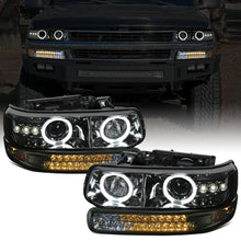 Ronnin - Fits 1999-2002 Silverado 2000-2006 Suburban Tahoe LED Dual Halo Rims Running Lights Projector Headlights + Full LED Bumper Lamps Assembly Pair | Smoke