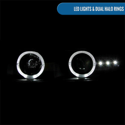 Ronnin - Fits 1999-2002 Chevy Silverado 2000-2006 Suburban Tahoe LED Dual Halo Rims Projector Headlights + Bumper Lamps Pair | Black