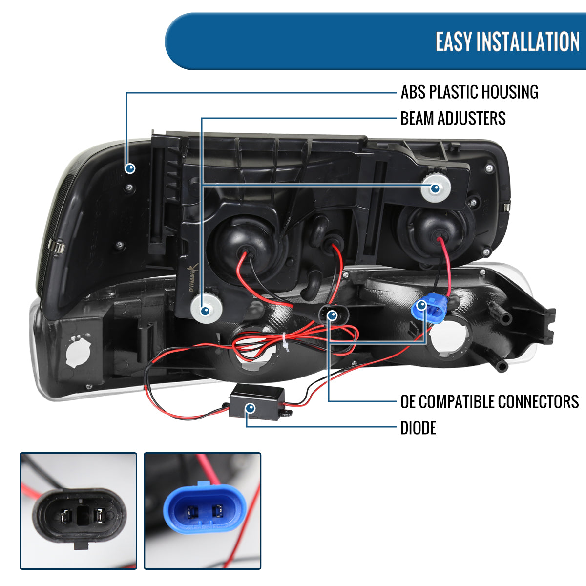 Ronnin - Fits 1999-2002 Chevy Silverado 2000-2006 Suburban Tahoe LED Dual Halo Rims Projector Headlights + Bumper Lamps Pair | Black