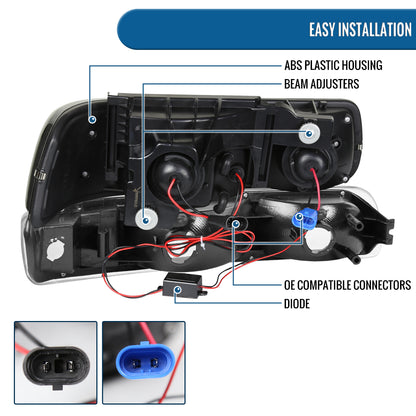 Ronnin - Fits 1999-2002 Chevy Silverado 2000-2006 Suburban Tahoe LED Dual Halo Rims Projector Headlights + Bumper Lamps Pair | Black