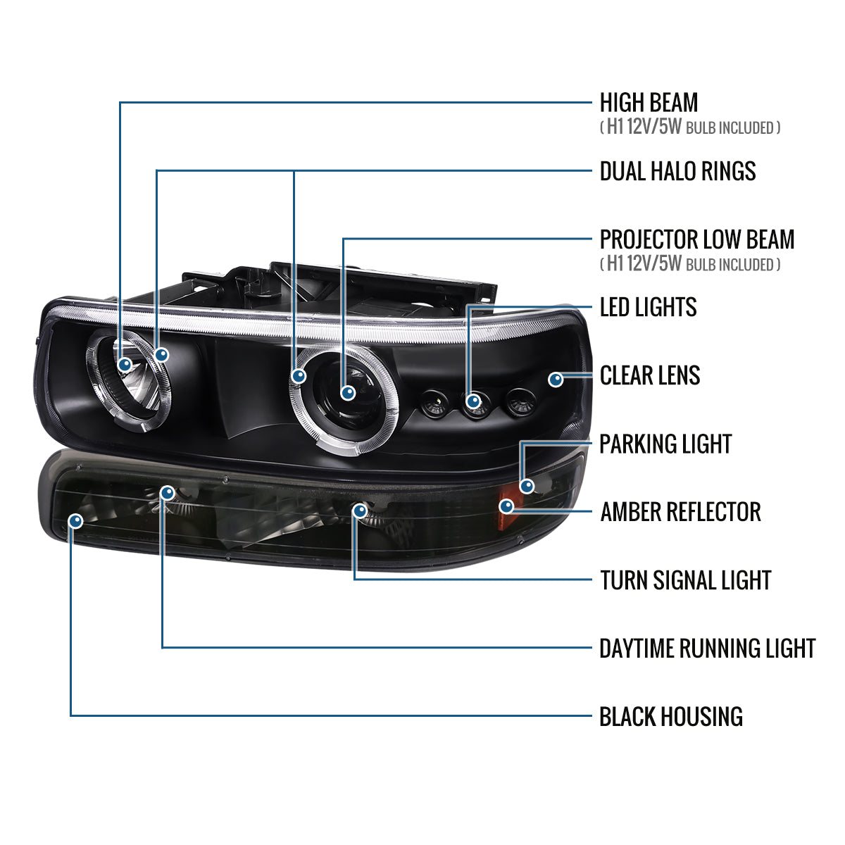 Ronnin - Fits 1999-2002 Chevy Silverado 2000-2006 Suburban Tahoe LED Dual Halo Rims Projector Headlights + Bumper Lamps Pair | Black