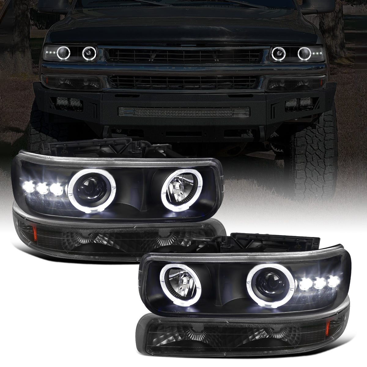 Ronnin - Fits 1999-2002 Chevy Silverado 2000-2006 Suburban Tahoe LED Dual Halo Rims Projector Headlights + Bumper Lamps Pair | Black