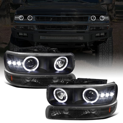 Ronnin - Fits 1999-2002 Chevy Silverado 2000-2006 Suburban Tahoe LED Dual Halo Rims Projector Headlights + Bumper Lamps Pair | Black