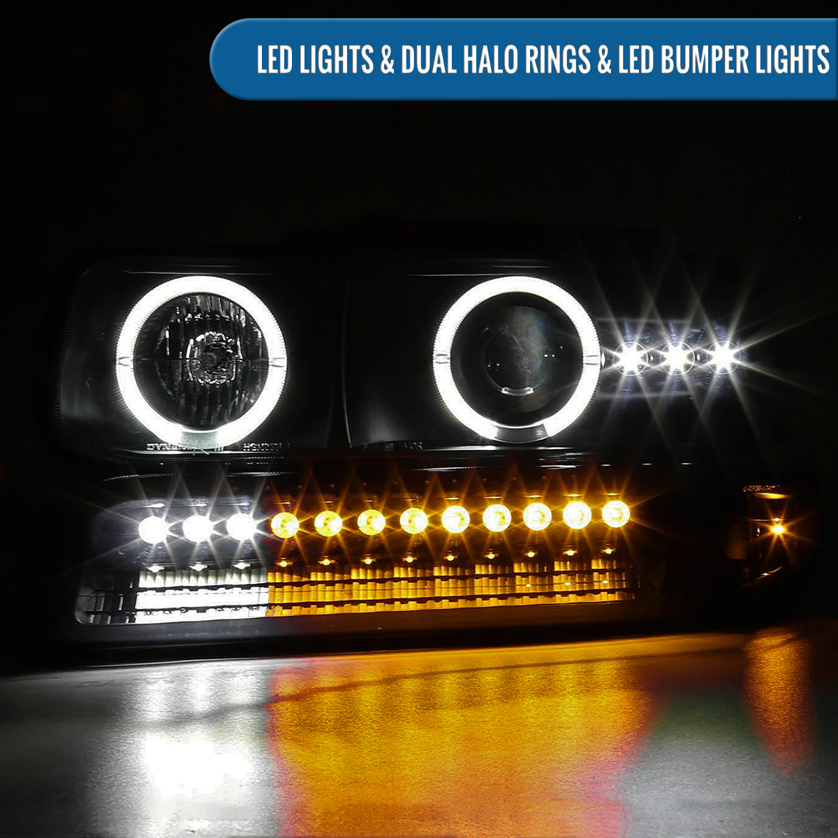 Ronnin - Fits 1999-2002 Silverado 2000-2006 Suburban Tahoe LED Dual Halo Rims Running Lights Projector Headlights + Full LED Bumper Lamps Assembly Pair | Black