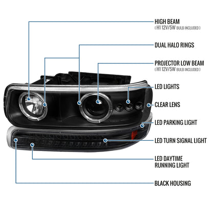Ronnin - Fits 1999-2002 Silverado 2000-2006 Suburban Tahoe LED Dual Halo Rims Running Lights Projector Headlights + Full LED Bumper Lamps Assembly Pair | Black