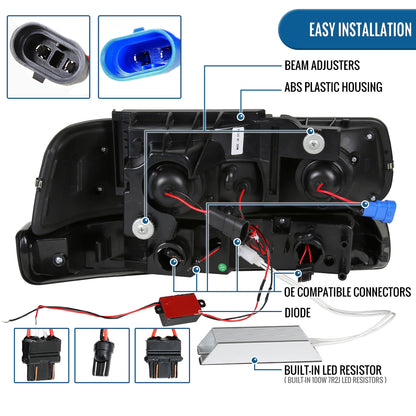 Ronnin - Fits 1999-2002 Silverado 2000-2006 Suburban Tahoe LED Dual Halo Rims Running Lights Projector Headlights + Full LED Bumper Lamps Assembly Pair | Black