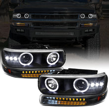 Ronnin - Fits 1999-2002 Silverado 2000-2006 Suburban Tahoe LED Dual Halo Rims Running Lights Projector Headlights + Full LED Bumper Lamps Assembly Pair | Black