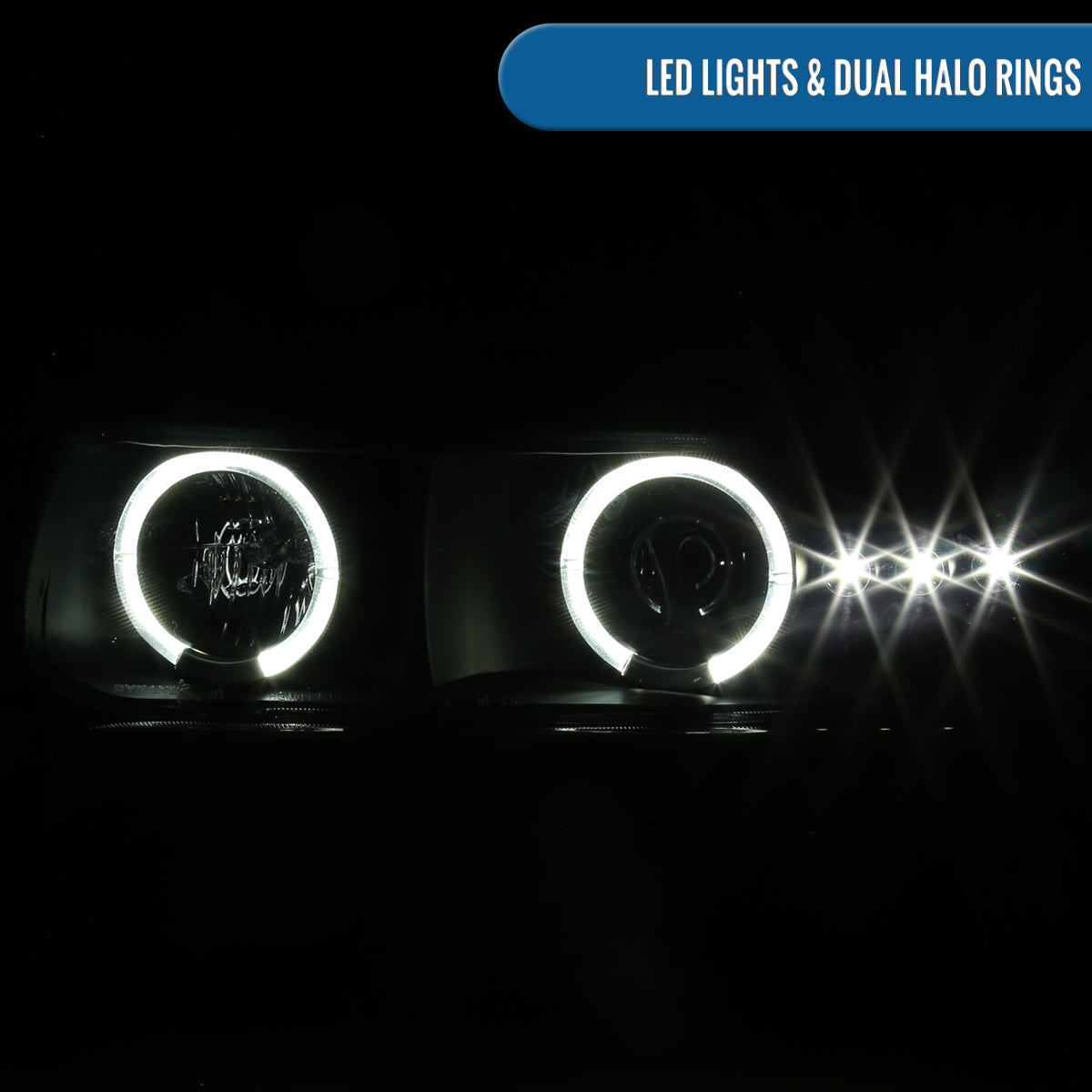 Ronnin - Fits 1999-2002 Chevy Silverado 2000-2006 Suburban Tahoe LED Dual Halo Rims Projector Headlights + Bumper Lamps Pair | Black Smoke