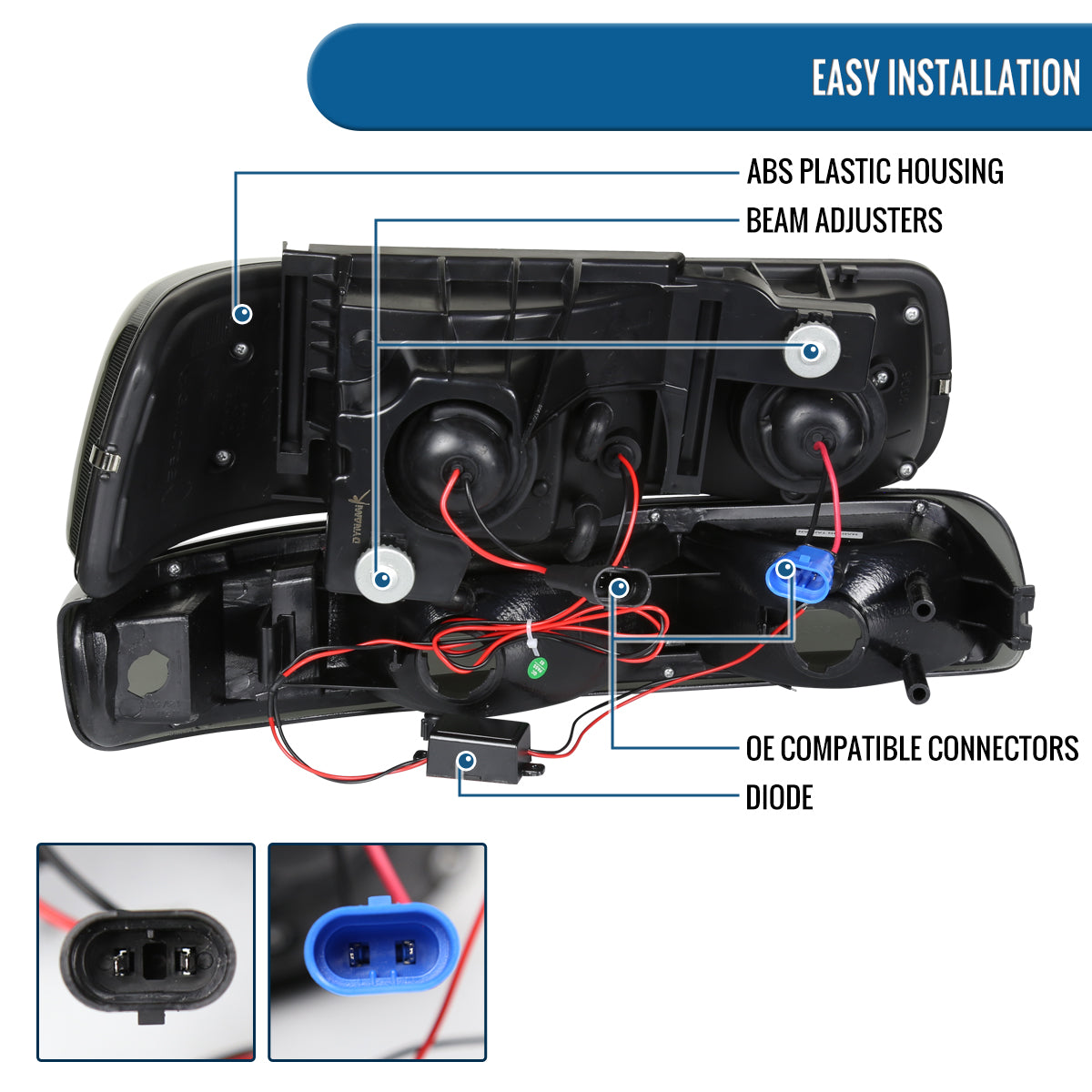 Ronnin - Fits 1999-2002 Chevy Silverado 2000-2006 Suburban Tahoe LED Dual Halo Rims Projector Headlights + Bumper Lamps Pair | Black Smoke