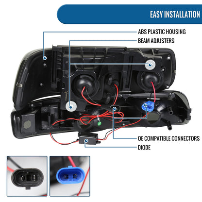 Ronnin - Fits 1999-2002 Chevy Silverado 2000-2006 Suburban Tahoe LED Dual Halo Rims Projector Headlights + Bumper Lamps Pair | Black Smoke