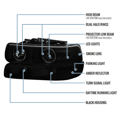 Ronnin - Fits 1999-2002 Chevy Silverado 2000-2006 Suburban Tahoe LED Dual Halo Rims Projector Headlights + Bumper Lamps Pair | Black Smoke