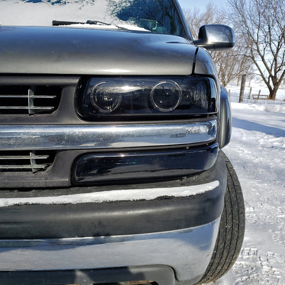 Ronnin - Fits 1999-2002 Chevy Silverado 2000-2006 Suburban Tahoe LED Dual Halo Rims Projector Headlights + Bumper Lamps Pair | Black Smoke