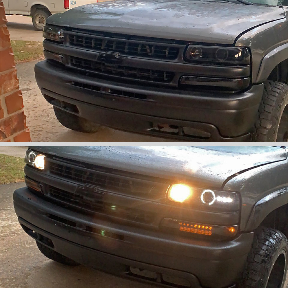 Ronnin - Fits 1999-2002 Chevy Silverado 2000-2006 Suburban Tahoe LED Dual Halo Rims Projector Headlights + Bumper Lamps Pair | Black Smoke