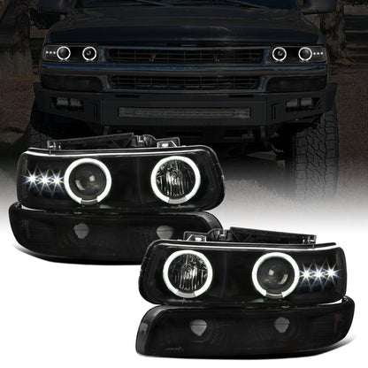 Ronnin - Fits 1999-2002 Chevy Silverado 2000-2006 Suburban Tahoe LED Dual Halo Rims Projector Headlights + Bumper Lamps Pair | Black Smoke
