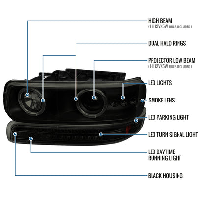 Ronnin - Fits 1999-2002 Silverado 2000-2006 Suburban Tahoe LED Dual Halo Rims Running Lights Projector Headlights + Full LED Bumper Lamps Assembly Pair | Black Smoke