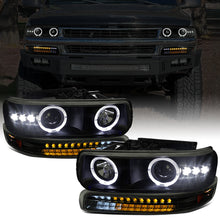 Ronnin - Fits 1999-2002 Silverado 2000-2006 Suburban Tahoe LED Dual Halo Rims Running Lights Projector Headlights + Full LED Bumper Lamps Assembly Pair | Black Smoke
