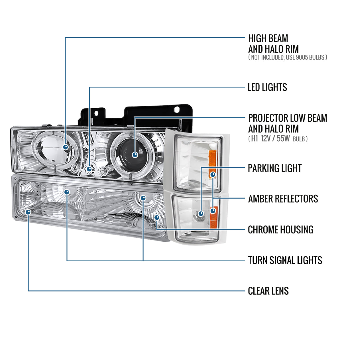 Ronnin - Fits 1994-1998 Chevy C10 C/K 1500 2500 3500 Silverado Suburban Tahoe LED Halo Projector Headlights + Signal Corner + Bumper Parking Lights Assembly Pair | Chrome