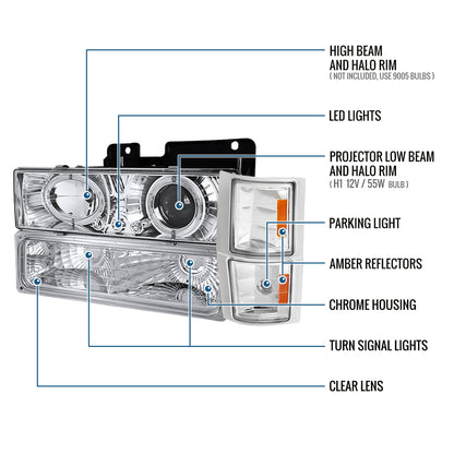 Ronnin - Fits 1994-1998 Chevy C10 C/K 1500 2500 3500 Silverado Suburban Tahoe LED Halo Projector Headlights + Signal Corner + Bumper Parking Lights Assembly Pair | Chrome