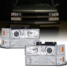 Ronnin - Fits 1994-1998 Chevy C10 C/K 1500 2500 3500 Silverado Suburban Tahoe LED Halo Projector Headlights + Signal Corner + Bumper Parking Lights Assembly Pair | Chrome