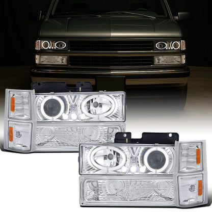 Ronnin - Fits 1994-1998 Chevy C10 C/K 1500 2500 3500 Silverado Suburban Tahoe LED Halo Projector Headlights + Signal Corner + Bumper Parking Lights Assembly Pair | Chrome