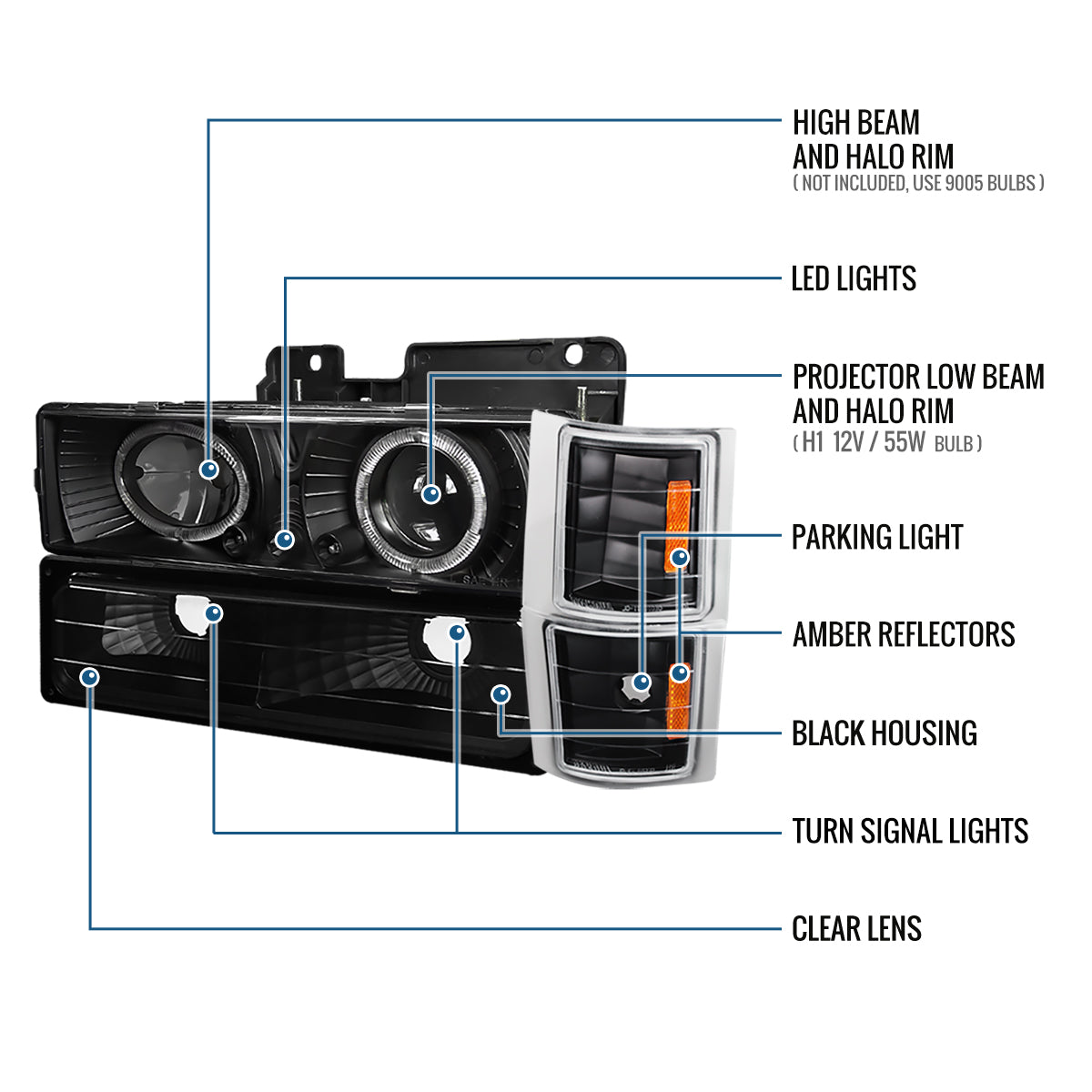 Ronnin - Compatible con Chevy C10 C/K 1500 2500 3500 Silverado Suburban Tahoe de 1994-1998, faros LED de proyector halo + intermitentes de esquina + luces de estacionamiento de parachoques (par) | Negro