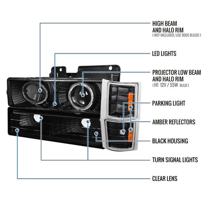 Ronnin - Compatible con Chevy C10 C/K 1500 2500 3500 Silverado Suburban Tahoe de 1994-1998, faros LED de proyector halo + intermitentes de esquina + luces de estacionamiento de parachoques (par) | Negro