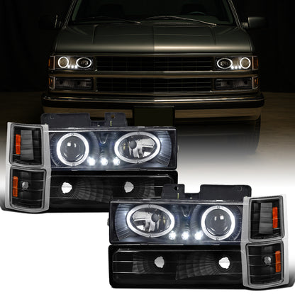 Ronnin - Compatible con Chevy C10 C/K 1500 2500 3500 Silverado Suburban Tahoe de 1994-1998, faros LED de proyector halo + intermitentes de esquina + luces de estacionamiento de parachoques (par) | Negro