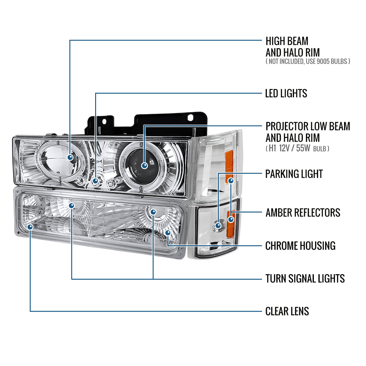 Ronnin - Fits 1994-1999 GMC C10 C/K Yukon Sierra Suburban LED Halo Projector Headlights + Replacement Corner + Bumper Parking Lights Assembly Pair | Chrome