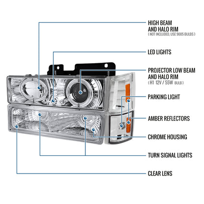 Ronnin - Fits 1994-1999 GMC C10 C/K Yukon Sierra Suburban LED Halo Projector Headlights + Replacement Corner + Bumper Parking Lights Assembly Pair | Chrome