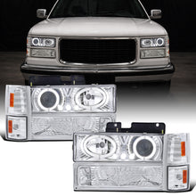 Ronnin - Fits 1994-1999 GMC C10 C/K Yukon Sierra Suburban LED Halo Projector Headlights + Replacement Corner + Bumper Parking Lights Assembly Pair | Chrome