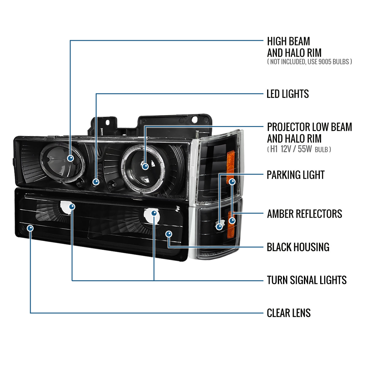 Ronnin - Se adapta a faros delanteros de proyector LED con halo para GMC C10 C/K Yukon Sierra Suburban 1994-1999 + conjunto de luces de esquina de repuesto + luces de estacionamiento para parachoques (par) | Negro