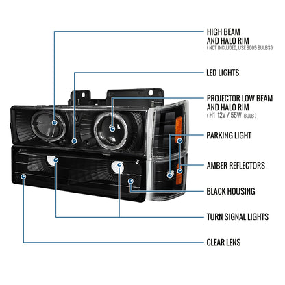 Ronnin - Se adapta a faros delanteros de proyector LED con halo para GMC C10 C/K Yukon Sierra Suburban 1994-1999 + conjunto de luces de esquina de repuesto + luces de estacionamiento para parachoques (par) | Negro
