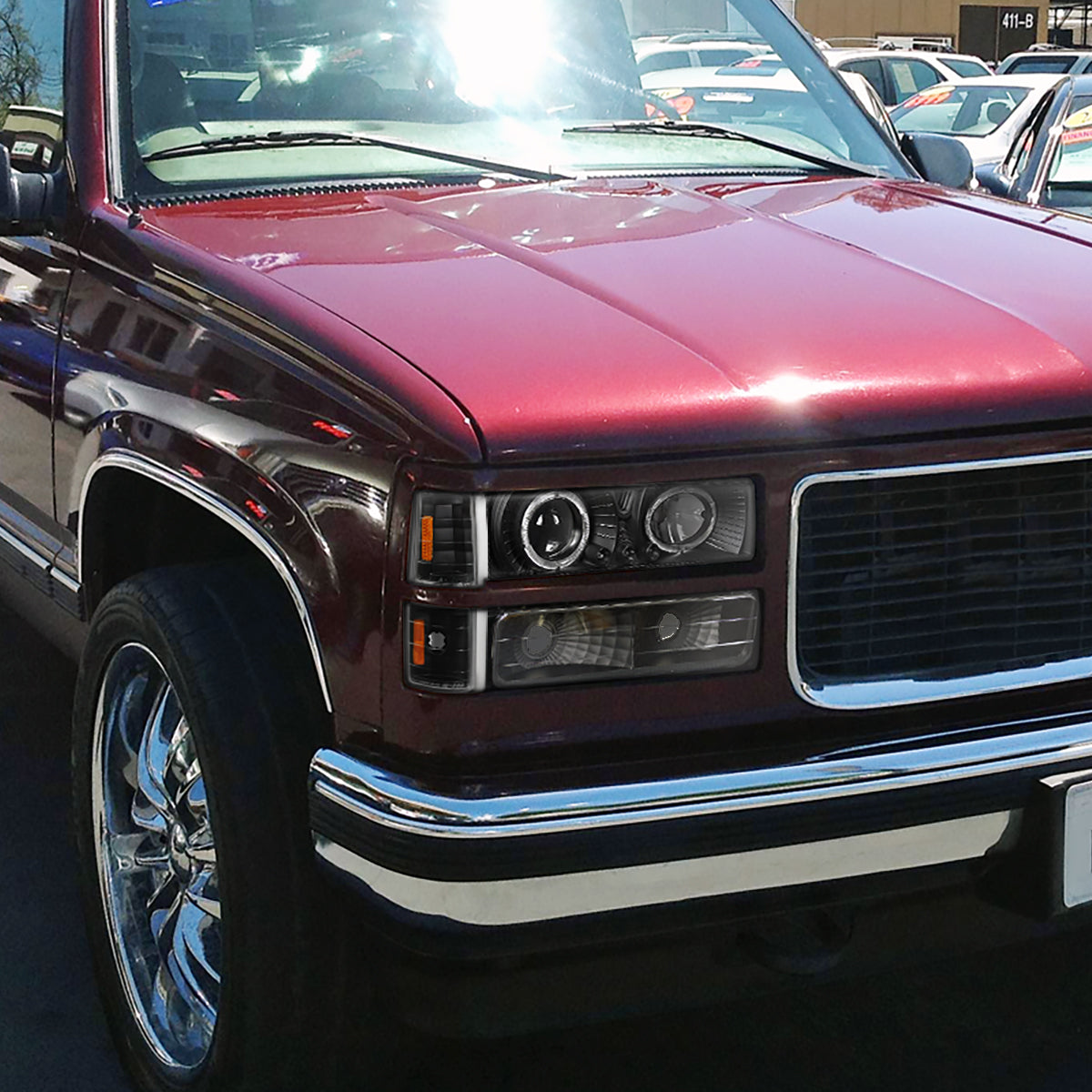 Ronnin - Se adapta a faros delanteros de proyector LED con halo para GMC C10 C/K Yukon Sierra Suburban 1994-1999 + conjunto de luces de esquina de repuesto + luces de estacionamiento para parachoques (par) | Negro