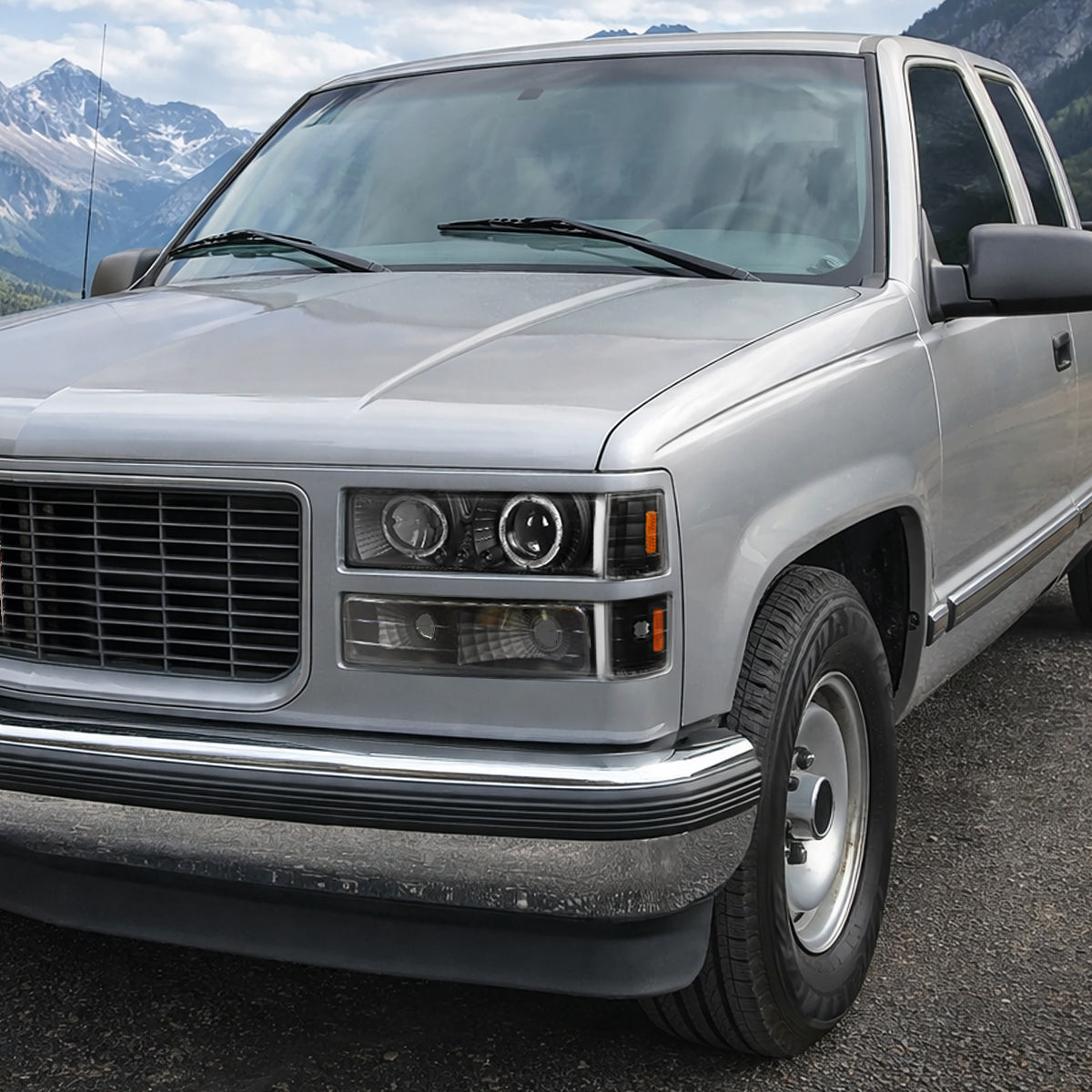 Ronnin - Se adapta a faros delanteros de proyector LED con halo para GMC C10 C/K Yukon Sierra Suburban 1994-1999 + conjunto de luces de esquina de repuesto + luces de estacionamiento para parachoques (par) | Negro