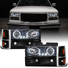 Ronnin - Fits 1994-1999 GMC C10 C/K Yukon Sierra Suburban LED Halo Projector Headlights + Replacement Corner + Bumper Parking Lights Assembly Pair | Black