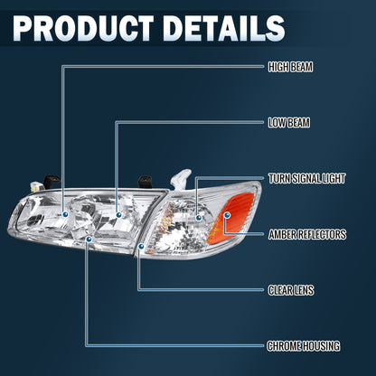 Ronnin - Fits 2000-2001 Toyota Camry Factory Replacement Halogen Headlights + Corner Lights Assembly Pair | Chrome