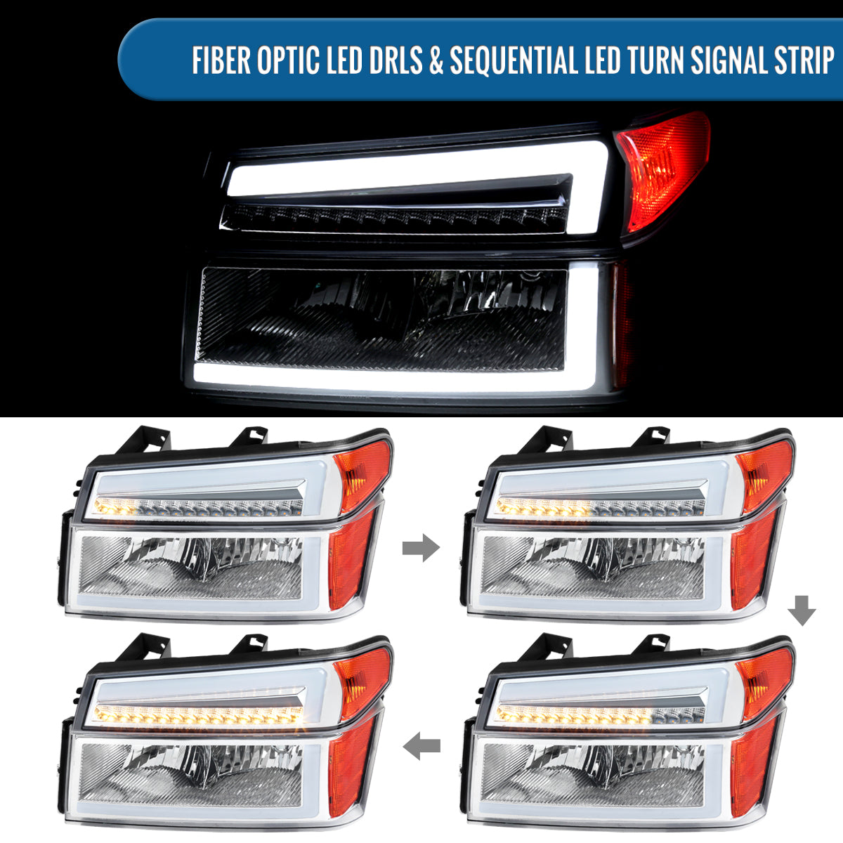 2004-2012 Chevy Colorado GMC Canyon 2006-2008 Isuzu i-Series LED DRL Headlights + Switchback Sequential LED Signal Bumper Corner Lamps Assembly Pair | Chrome