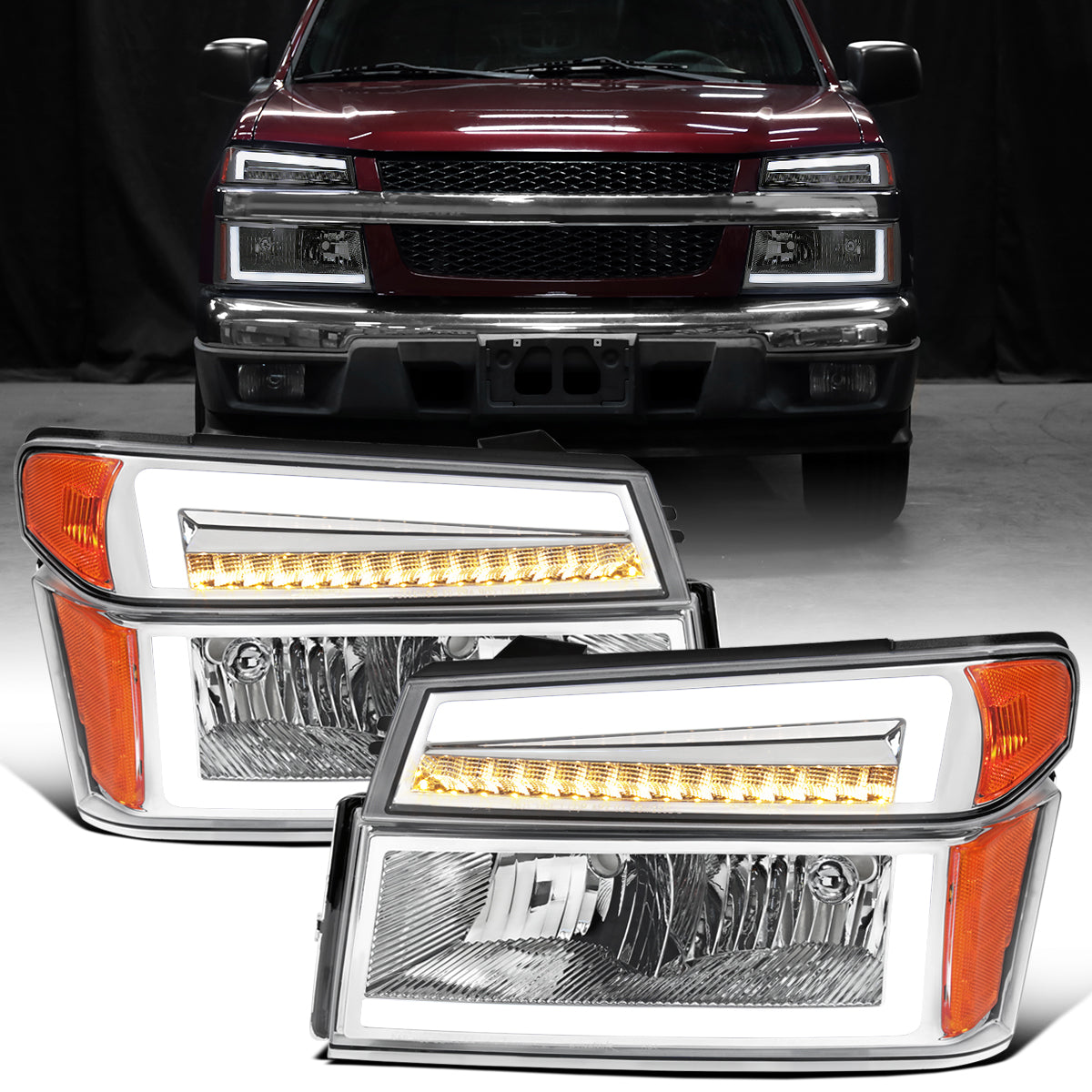 2004-2012 Chevy Colorado GMC Canyon 2006-2008 Isuzu i-Series LED DRL Headlights + Switchback Sequential LED Signal Bumper Corner Lamps Assembly Pair | Chrome