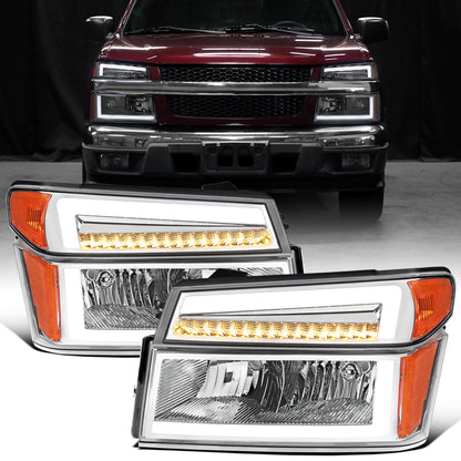2004-2012 Chevy Colorado GMC Canyon 2006-2008 Isuzu i-Series LED DRL Headlights + Switchback Sequential LED Signal Bumper Corner Lamps Assembly Pair | Chrome