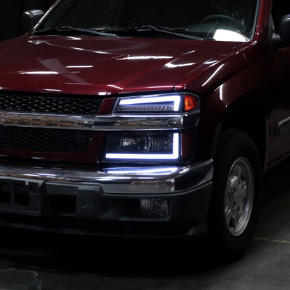 2004-2012 Chevy Colorado GMC Canyon 2006-2008 Isuzu i-Series LED DRL Headlights + Switchback Sequential LED Signal Bumper Corner Lamps Assembly Pair | Black