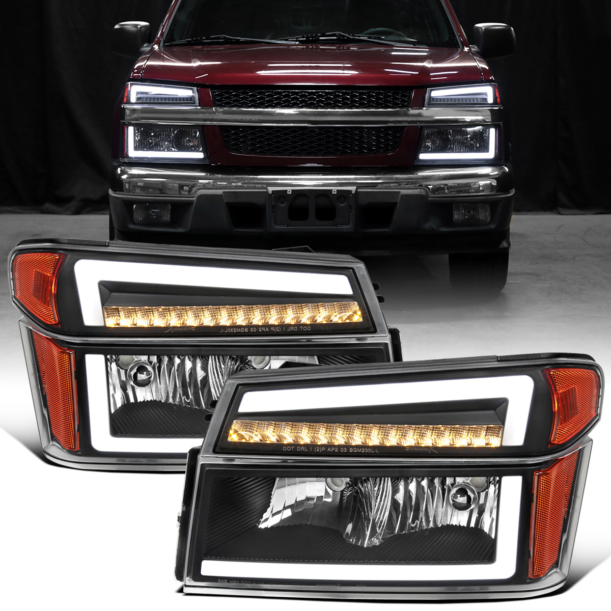 2004-2012 Chevy Colorado GMC Canyon 2006-2008 Isuzu i-Series LED DRL Headlights + Switchback Sequential LED Signal Bumper Corner Lamps Assembly Pair | Black
