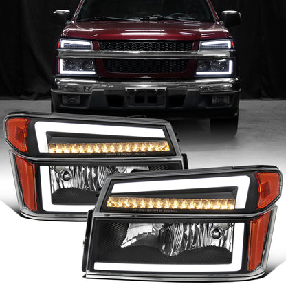 2004-2012 Chevy Colorado GMC Canyon 2006-2008 Isuzu i-Series LED DRL Headlights + Switchback Sequential LED Signal Bumper Corner Lamps Assembly Pair | Black