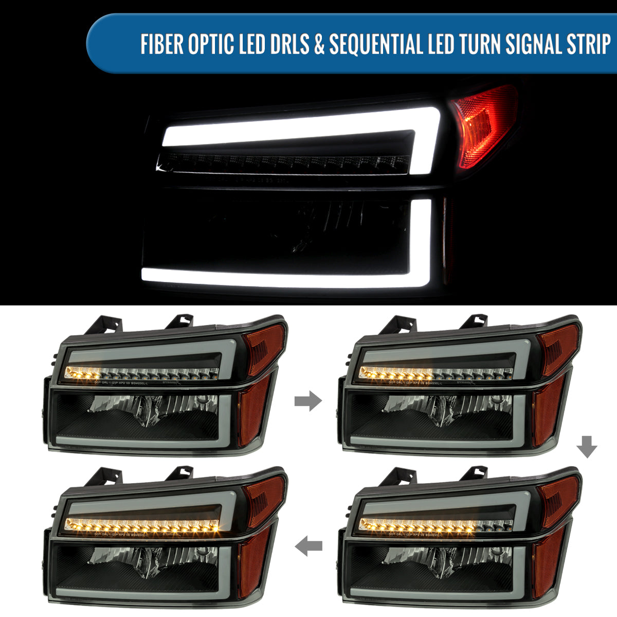 2004-2012 Chevy Colorado GMC Canyon 2006-2008 Isuzu i-Series LED DRL Headlights + Switchback Sequential LED Signal Bumper Corner Lamps Assembly Pair | Black Smoke