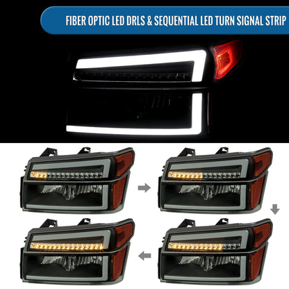 2004-2012 Chevy Colorado GMC Canyon 2006-2008 Isuzu i-Series LED DRL Headlights + Switchback Sequential LED Signal Bumper Corner Lamps Assembly Pair | Black Smoke