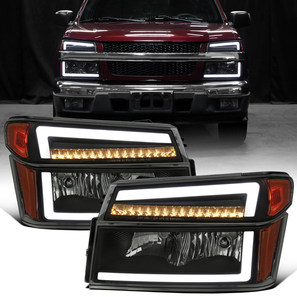 2004-2012 Chevy Colorado GMC Canyon 2006-2008 Isuzu i-Series LED DRL Headlights + Switchback Sequential LED Signal Bumper Corner Lamps Assembly Pair | Black Smoke