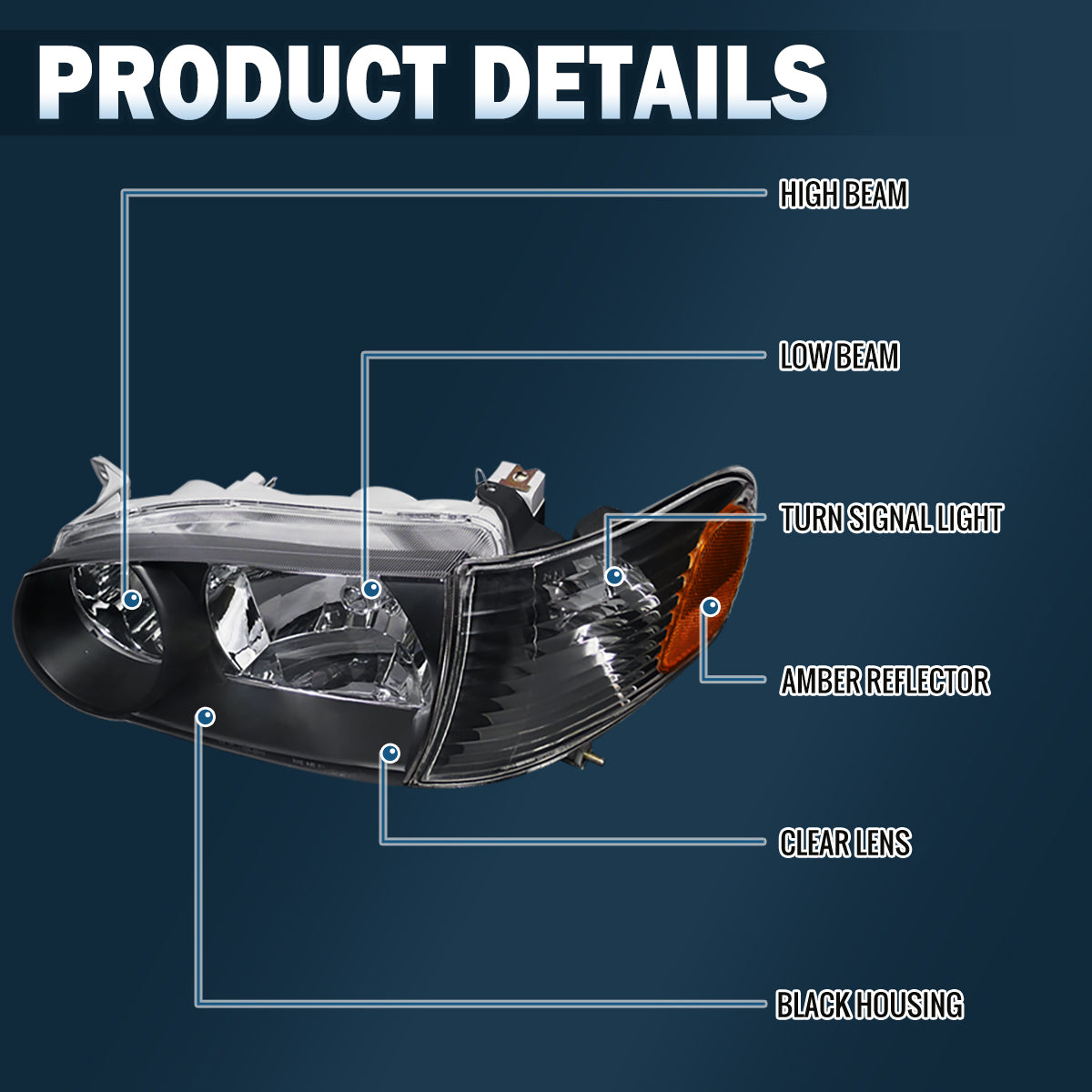 Ronnin - Faros de repuesto para Toyota Corolla 2001-2002 + conjunto de luces direccionales de esquina, par | Negro