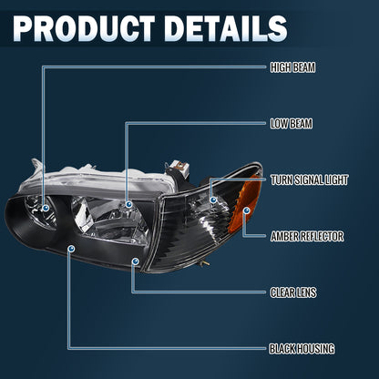 Ronnin - Faros de repuesto para Toyota Corolla 2001-2002 + conjunto de luces direccionales de esquina, par | Negro