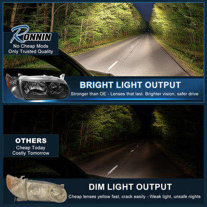 Ronnin - Faros de repuesto para Toyota Corolla 2001-2002 + conjunto de luces direccionales de esquina, par | Negro